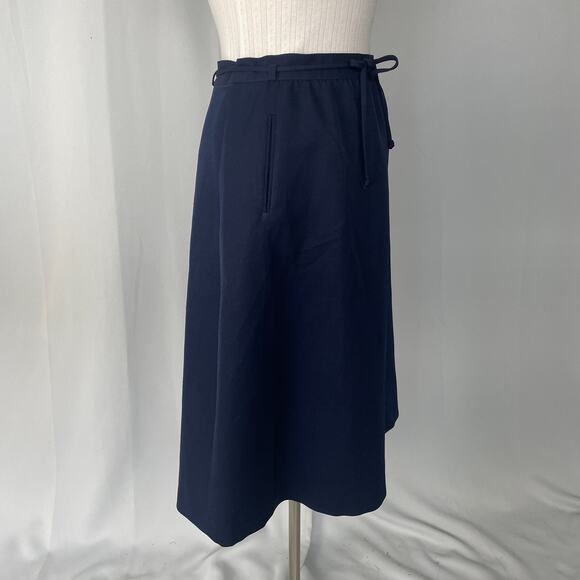 Vintage A Line Midi Skirt Size 14 Navy Blue Belted High Rise Retro Preppy 80s - Picture 5 of 15